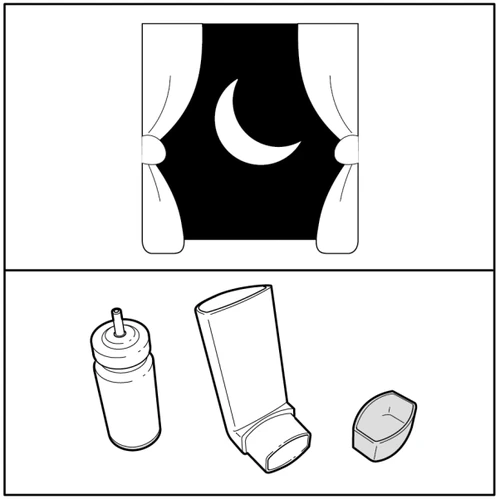Disegno in bianco e nero con una luna crescente visibile tra due tende aperte sopra un flacone, un inalatore e un cappuccio separati