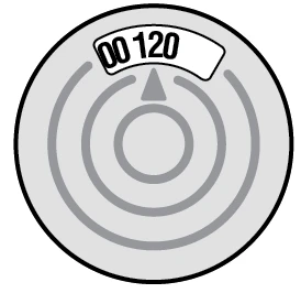 Dispositivo circolare grigio con tre cerchi concentrici e un indicatore numerico che mostra il valore 00 120 in alto
