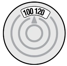 Diagramma circolare con cerchi concentrici grigi e un indicatore a punta che punta verso un riquadro con i numeri 100 e 120 in alto