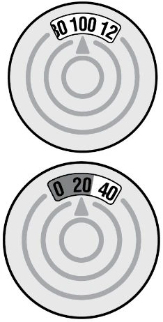 Due diagrammi circolari grigi con indicatori numerici su scala graduata, il primo mostra i valori 80 100 12 e il secondo 0 20 40