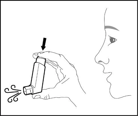Disegno lineare di una persona che tiene un inalatore con una mano mentre una freccia indica la pressione verso il basso e l'aria esce dal dispositivo