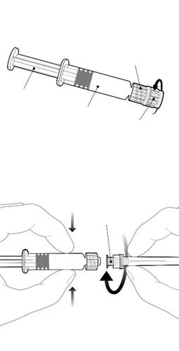 Diagramma tecnico che mostra una siringa con ago e le fasi per agganciare o svitare la punta tramite movimenti rotatori e frecce direzionali