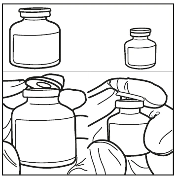 Black and white drawing of two medical vials and two hands removing the plastic cap from vials of different sizes