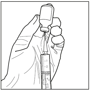 A gloved hand holds a vial containing medication while drawing the liquid into a 5 ml graduated syringe using a thin needle
