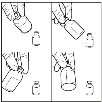 Four sequential illustrations showing a hand tilting and shaking a medicine vial over another vial placed on a surface