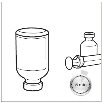 Technical drawing of a vial with cap, a small ampoule, a horizontal syringe, and a timer indicating a 5-minute duration
