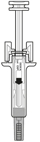 Technical drawing of a syringe with plunger extended, showing Lot and EXP markings on the barrel and a black arrow pointing downward