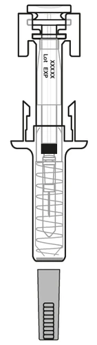 Black and white technical diagram of a medical device showing markings for lot number and expiration date, with an internal spring visible