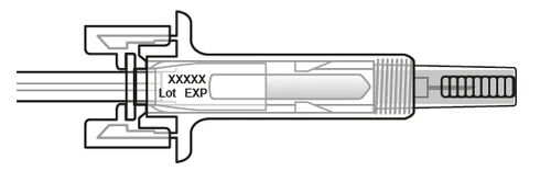 Technical diagram of a syringe with indications for batch number and expiration date marked on the body of the device