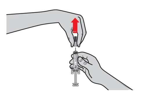 Two hands holding a syringe with a red arrow pointing downward