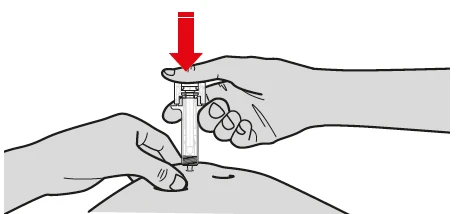 Diagram showing two hands holding a syringe applied to the skin with a red arrow indicating downward pressure