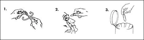 Three sequential drawings showing hands opening a vial, wiping the cap with a finger, and withdrawing the contents with a syringe