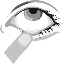 Ilustración en blanco y negro de un ojo humano con pestañas largas y un dedo que toca suavemente el párpado inferior
