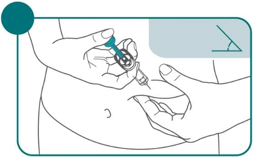 Technical drawing showing two hands holding a syringe to inject medication into the