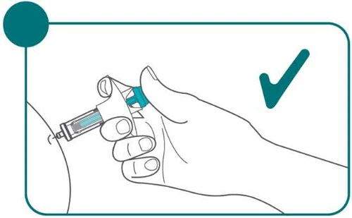 Illustration of a hand holding a syringe to inject medication into the upper part of the buttock with a green checkmark beside it