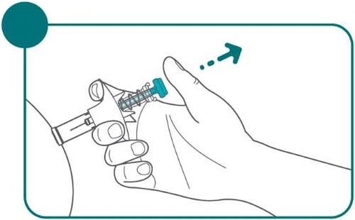 A hand holds a medical device against the skin while the thumb presses downward