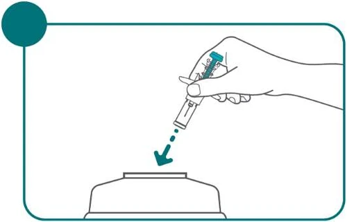 A hand holds a pen-shaped medical device pointing downward with an arrow indicating the