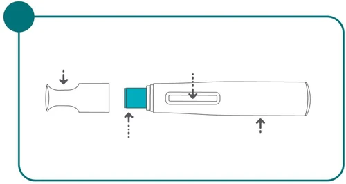 Technical diagram showing the disassembly of a medical device with dashed arrows indicating the separation movement of components