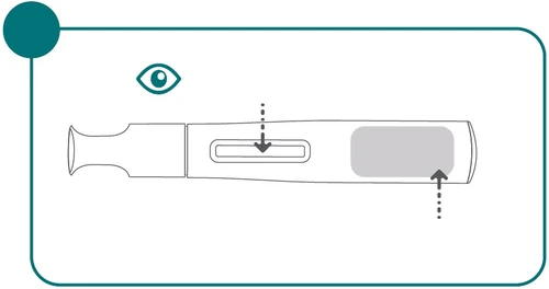 Diagram of a medical device with an eye at the top and two dashed arrows indicating movements toward the