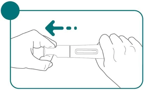 Two hands hold a cylindrical medical device with a dashed arrow indicating a leftward sliding motion