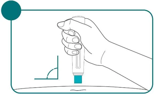 Line drawing of a hand holding a cylindrical medical device placed vertically on a flat surface