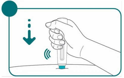 Illustration of a hand holding a medical device and pressing it downward onto a surface with a downward-pointing arrow