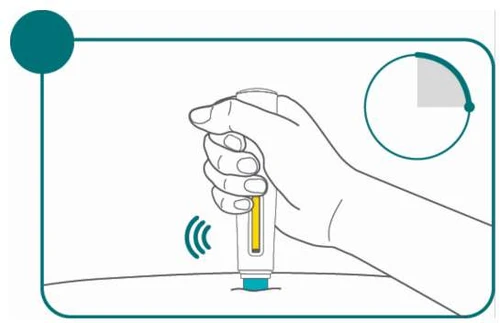 Line drawing of a hand holding an injection medical device above the skin with a circular indicator in the top right corner