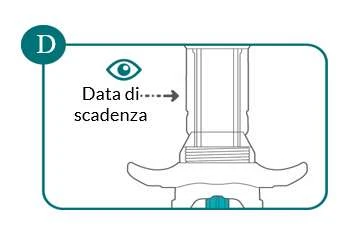 Schematic with an eye icon and an arrow indicating the position of the expiration date on a medication vial