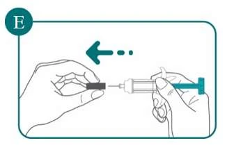 Technical drawing showing two hands connecting a syringe to a vial via a needle with an arrow indicating leftward movement