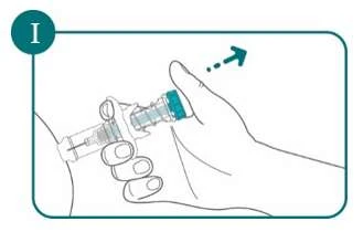 Technical illustration of a hand holding a syringe to inject medication into the upper arm with an arrow pointing downward