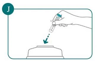 Illustration of a hand holding a vial tilted above the cap of a container with a dashed arrow indicating downward movement