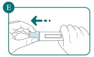 Two hands holding a white rectangular device with a blue arrow indicating a leftward movement at the