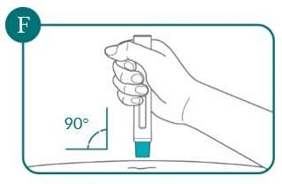 Illustration of a hand holding a medical device vertically at a 90-degree angle to the skin surface