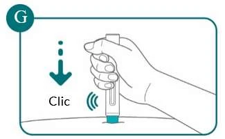 A hand holds a medical device pressed against the skin with a downward arrow and the word 'Click' next to a sound symbol