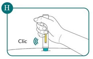A hand holds a cylindrical medical device pressing it against a flat surface with the word 'Click' indicating a mechanical sound