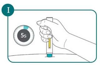 Illustration of a hand holding a vertical medical device on a surface with a timer indicating 5 seconds