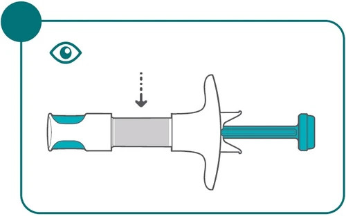 Medical diagram showing an injection device with a dashed arrow pointing downward above the central cylinder