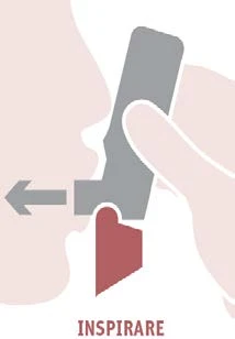 Stylized illustration of a person using an inhaler with their mouth, one hand holding it, and an arrow indicating the direction of airflow
