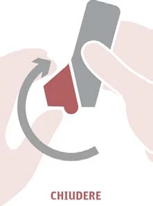 Two hands turning a red cap onto a grey container following a curved arrow with the label CHIUDERE (CLOSE) at the bottom