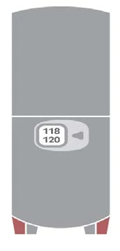 Grey medical device with a central digital display showing the numbers 118 and 120 on a white background