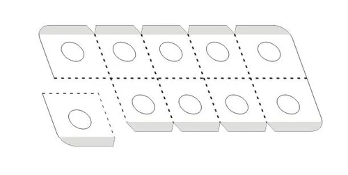 Graphic layout of a medical blister pack with five oval compartments in the upper row and four in the lower row, separated by dashed lines