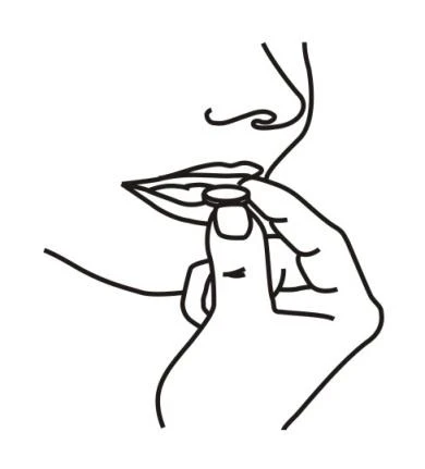 Black line drawing showing a hand holding and lifting the cap of a medicine bottle near the mouth of a person