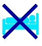 Icono azul de una persona acostada en una cama con una gran cruz azul oscuro superpuesta que indica la prohibición de permanecer en cama