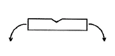 Schematic diagram with a central rectangle with an upper indentation and two curved arrows pointing downward on the outer sides