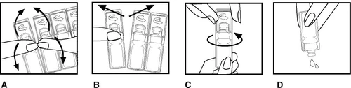 Sequenza di quattro illustrazioni che mostrano come scuotere, ruotare e capovolgere un flaconcino medico per miscelare il contenuto
