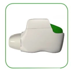 Dispositivo médico blanco con una parte superior redondeada y una inserción verde en el lado derecho, encerrada en un marco verde delgado