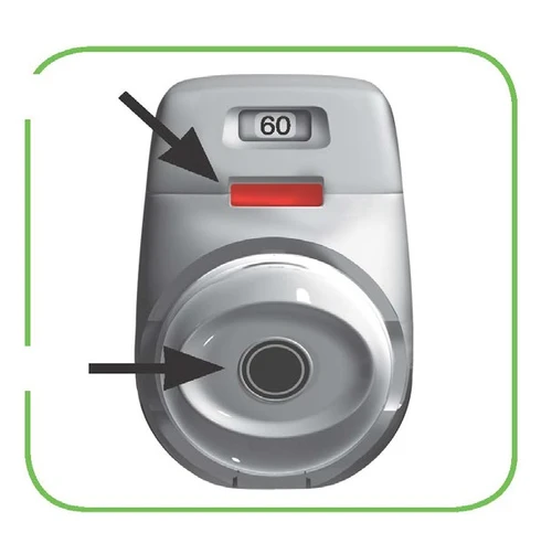 Dispositivo médico gris con pantalla digital que marca 60, un botón rojo horizontal y dos flechas negras que indican componentes específicos