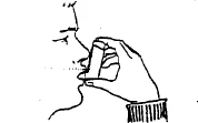 Black and white drawing of a hand holding a tablet or small object near the mouth of a man in profile