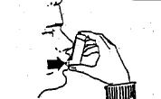 Black and white drawing of a human profile holding an inhaler near the mouth and nose for the