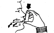 Schematic drawing of a person holding an inhaler near the mouth and nose with an arrow indicating the device towards the